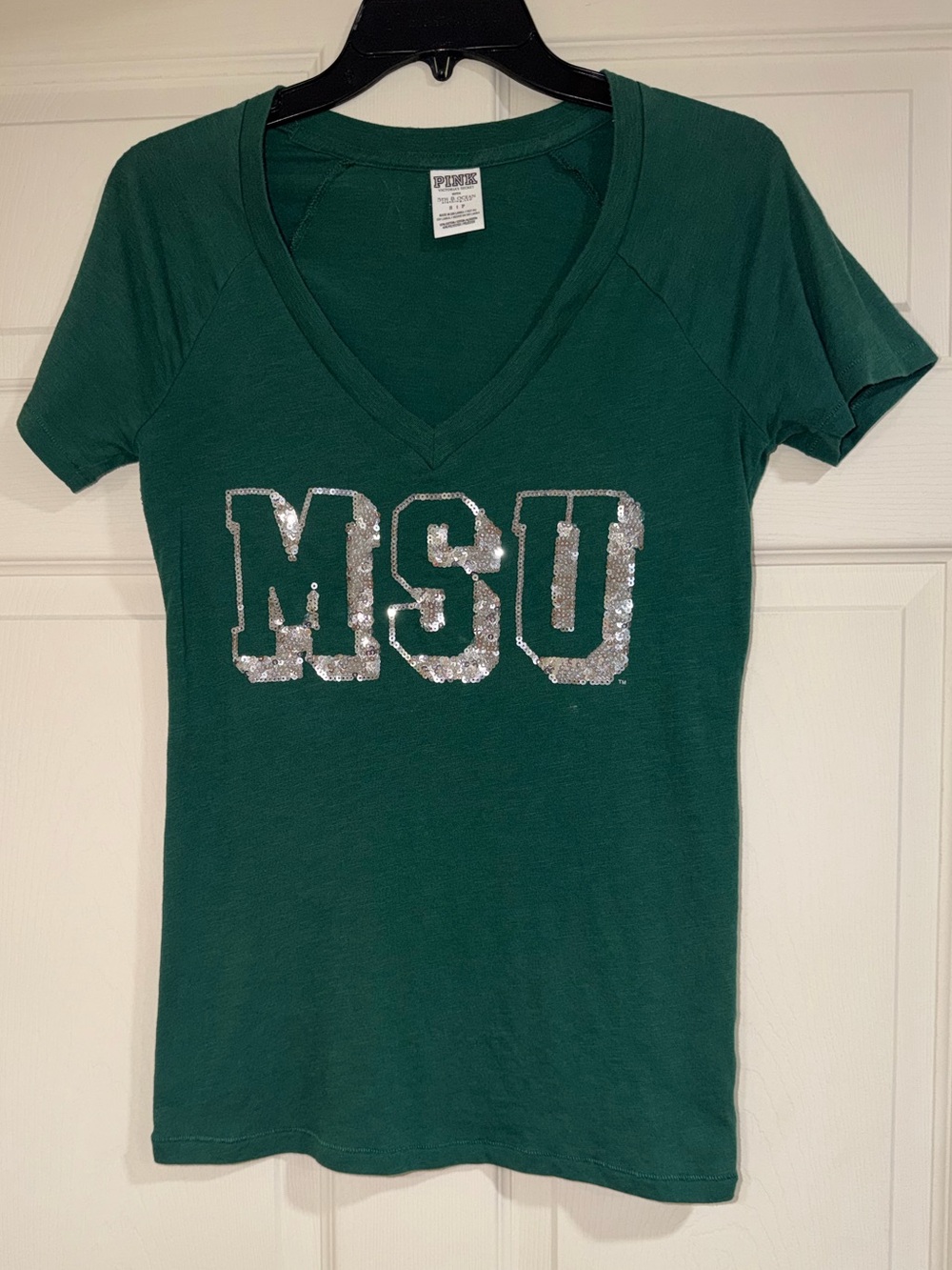 Women’s PINK Victoria’s Secret Michigan State University Green V Neck T Shirt